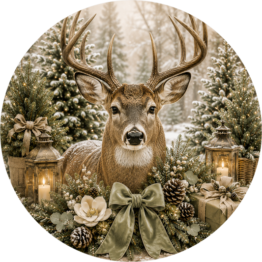 A deer with large antlers sits amidst a wreath of pine cones, pine branches, and other holiday decorations, with lanterns and candles providing a warm, festive atmosphere.