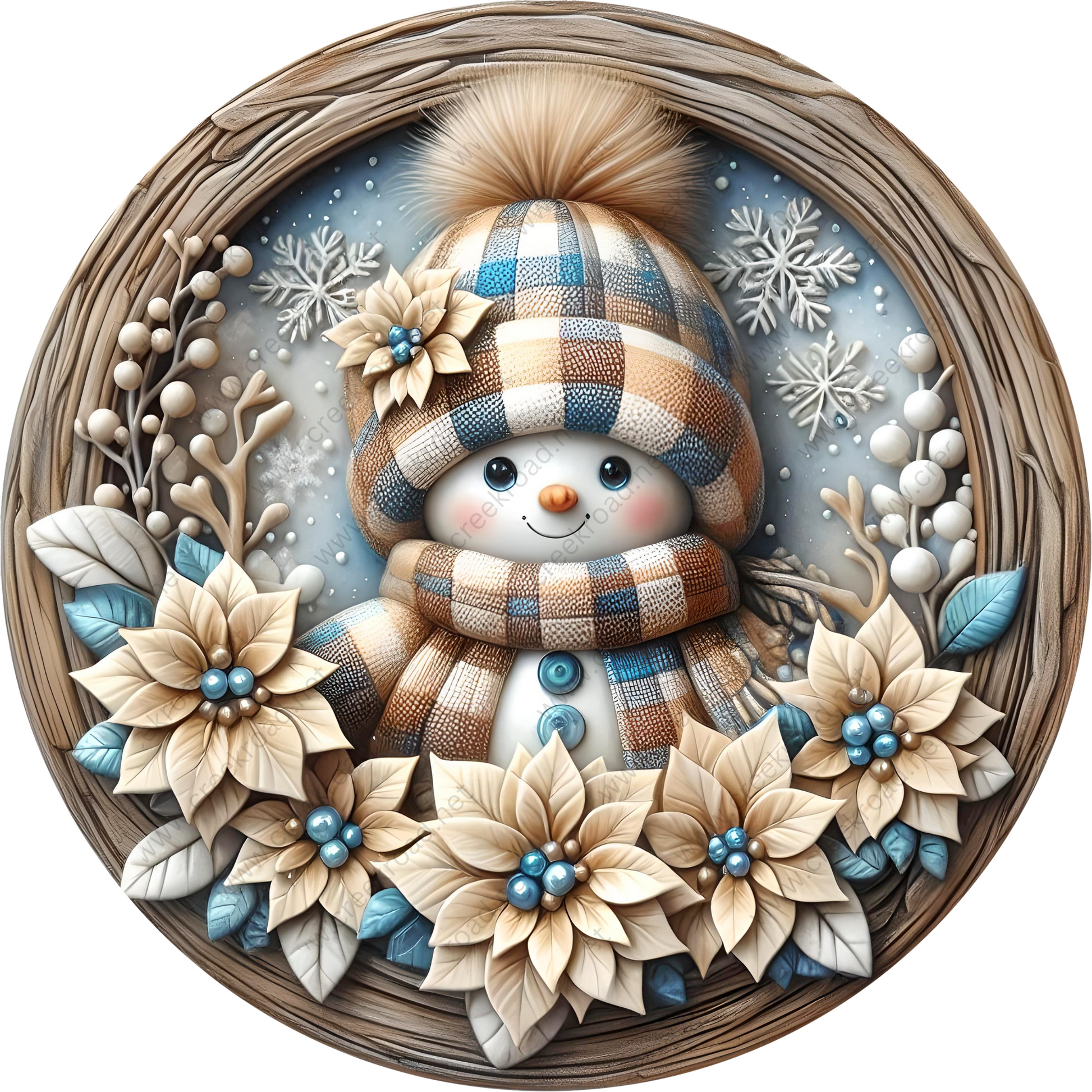 a painting of a snowman in a basket with flowers