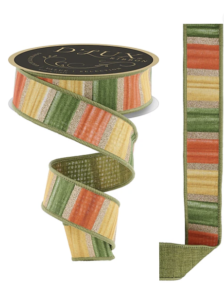 a decorative ribbon with a striped pattern in shades of green, orange, and yellow. The ribbon is coiled and appears to be made of a material that resembles fabric.