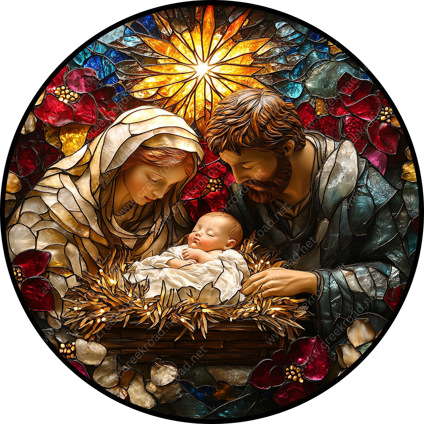 A stained glass image depicting the Holy Family, with the Virgin Mary, Joseph, and the baby Jesus in a nativity scene.