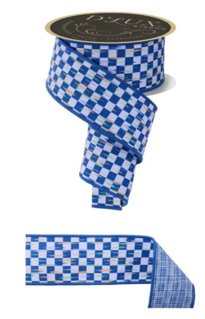 a blue and white checkered pattern on a ribbon, with a black and gold label on top.