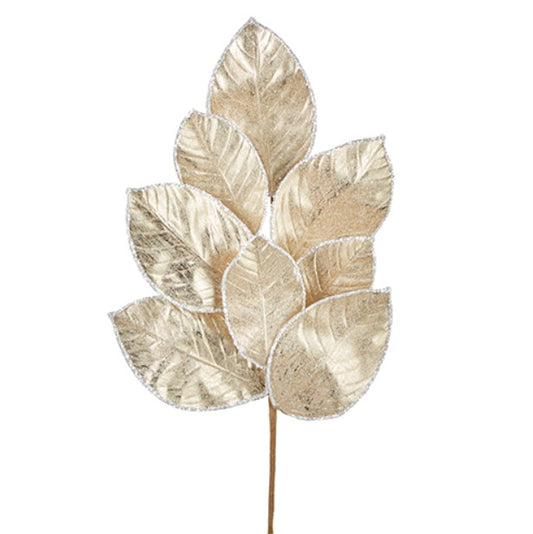 A single, gold leaf-shaped ornament with a pointed top and a curved bottom, set against a white background.