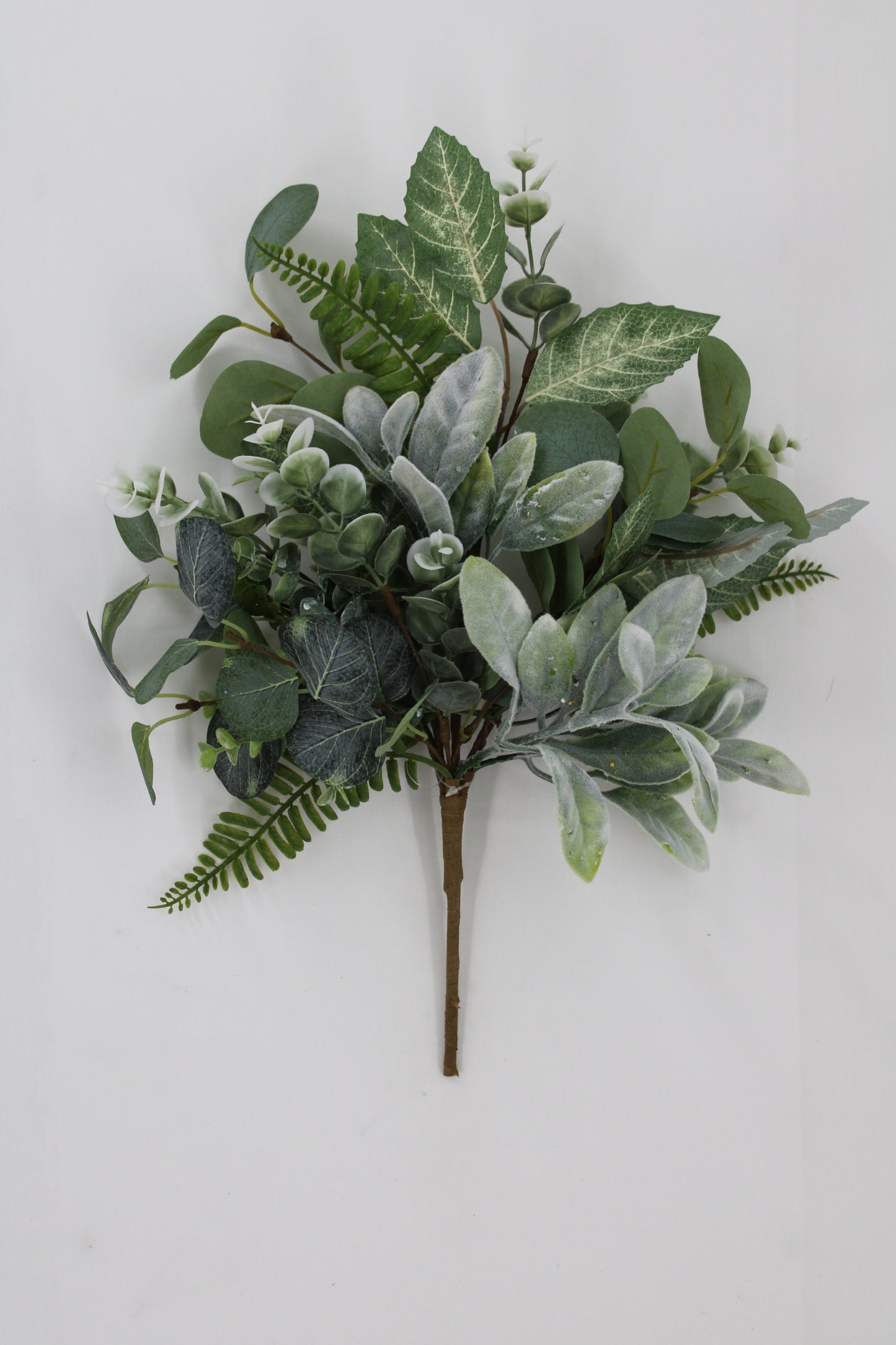 A bouquet of various green leaves and ferns arranged on a white background.