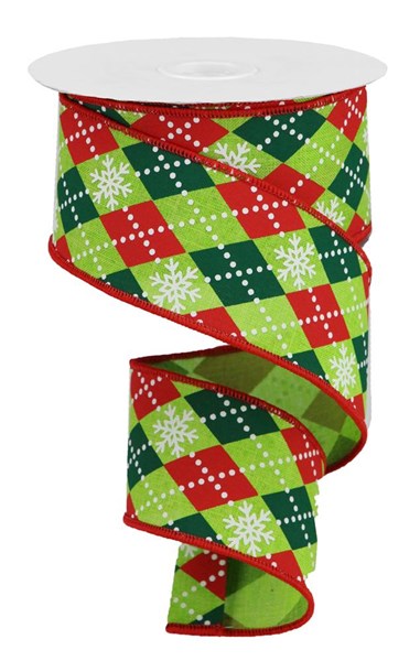 a green and red ribbon with snowflakes on it