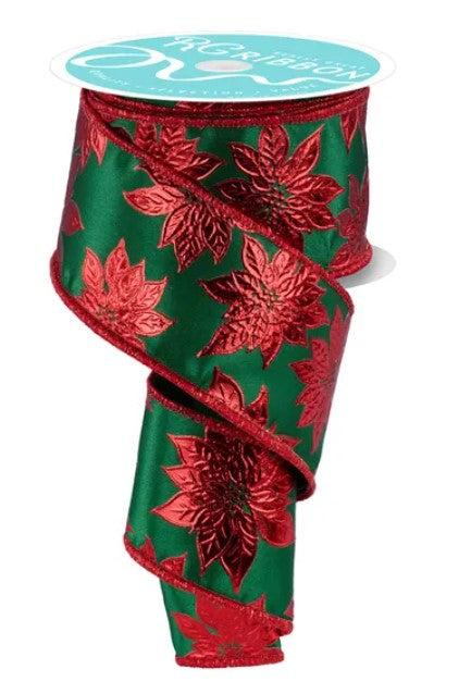 A green and red ribbon with a floral pattern, featuring red poinsettia flowers.