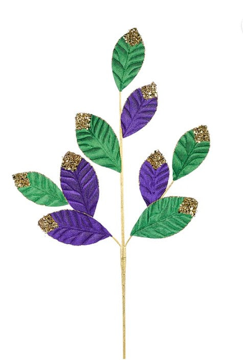 A decorative leaf stem with a gold-colored leaf and a purple-green leaf attached to it.