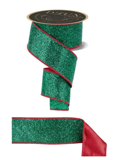 a green glittery ribbon with red trim.