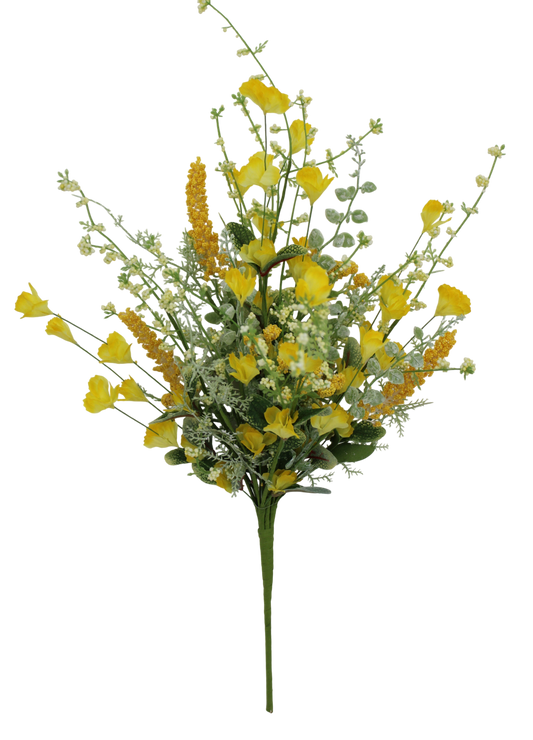 A bouquet of yellow flowers with green stems and leaves, arranged in a visually appealing manner against a black background.