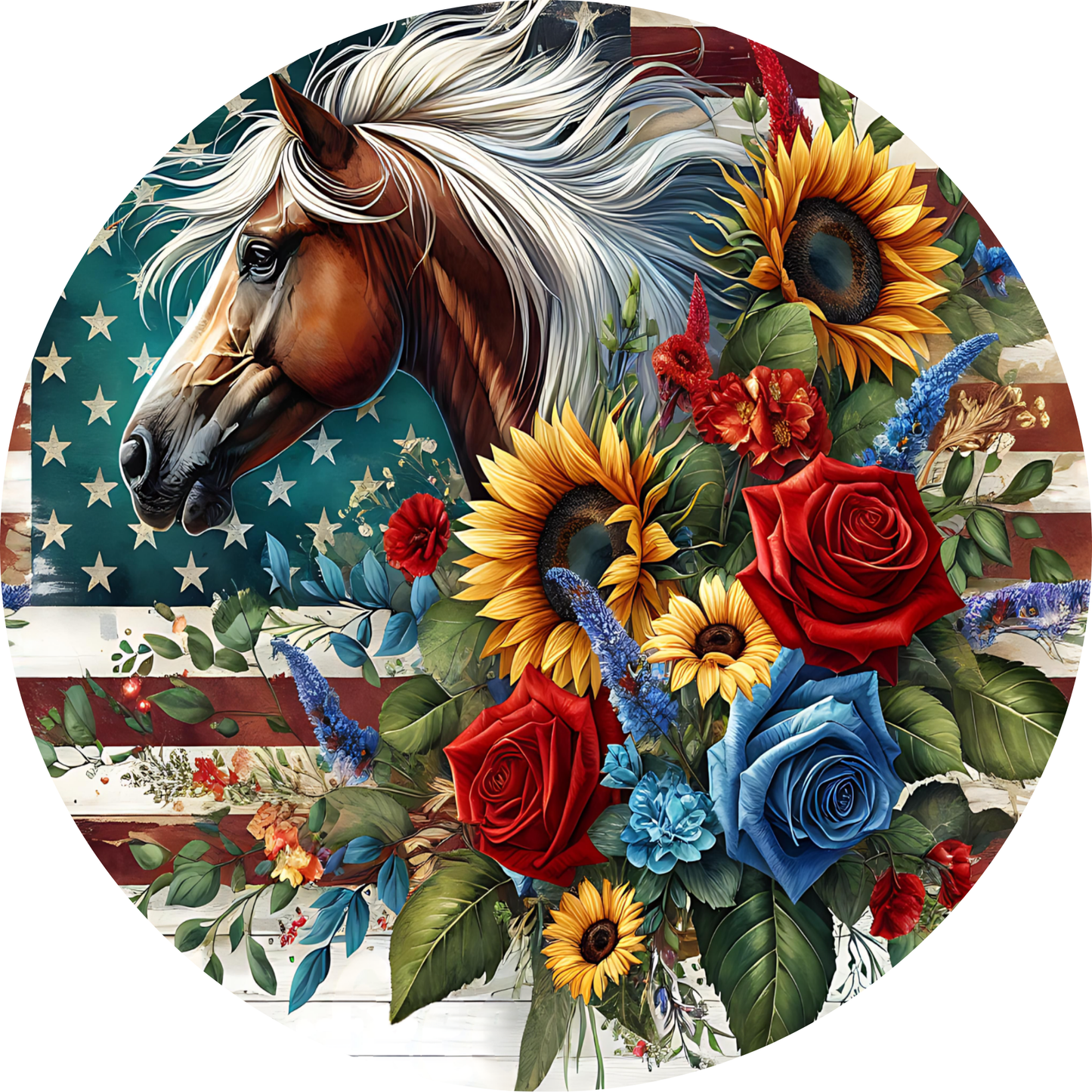 A vibrant and colorful illustration featuring a horse's head surrounded by a variety of flowers, including sunflowers, roses, and other blooms, set against an American flag background.