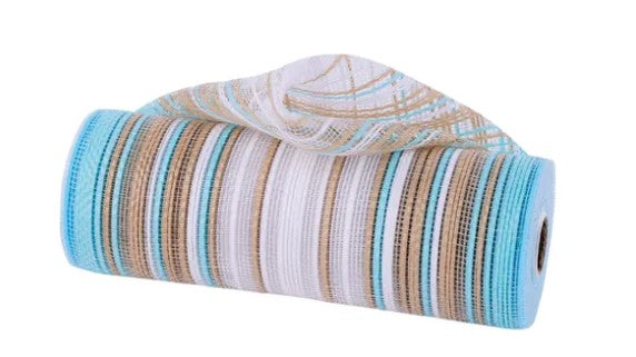 A roll of blue and white striped mesh material.