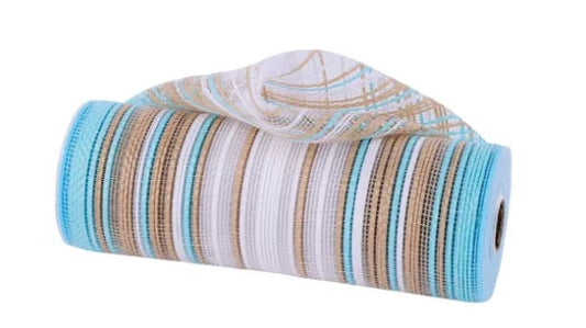 A roll of blue and white striped mesh material.