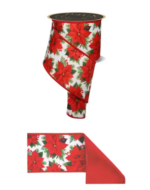 a red and white patterned ribbon with red poinsettia flowers and green leaves. The ribbon is displayed in two different orientations, one standing upright and the other lying down.