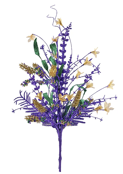 A bouquet of purple and yellow flowers with green leaves, arranged in a tall, slender stem.