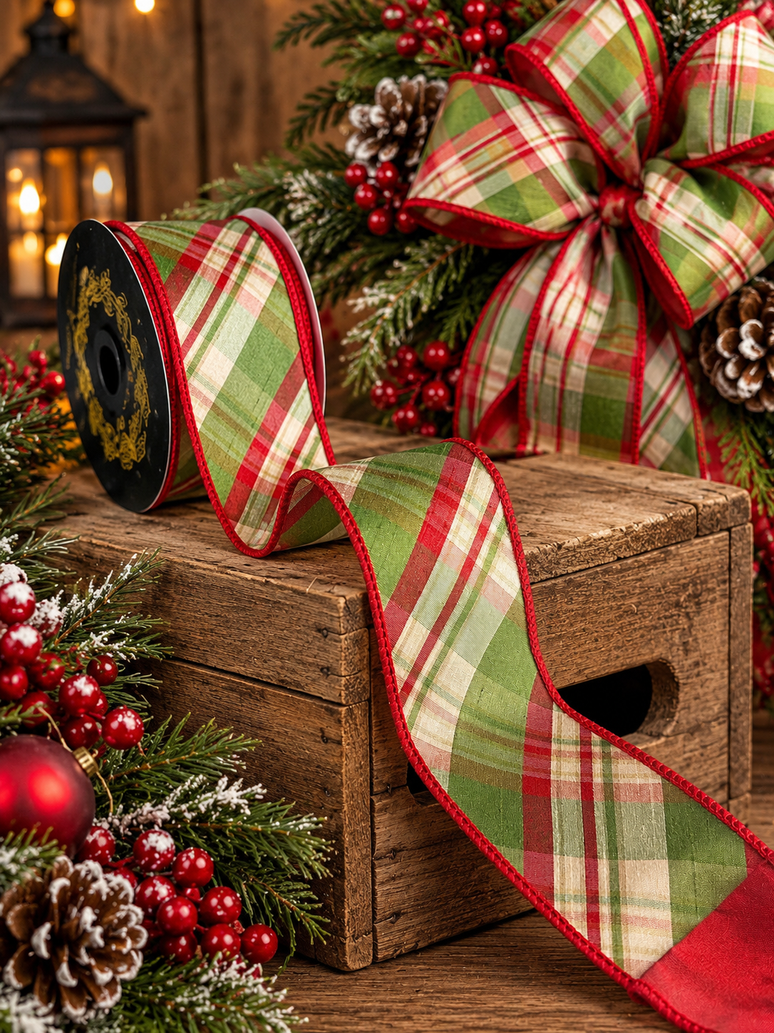 A spool of red and green plaid ribbon sits on a wooden crate, surrounded by pine cones, berries, and a wreath, creating a festive holiday scene.