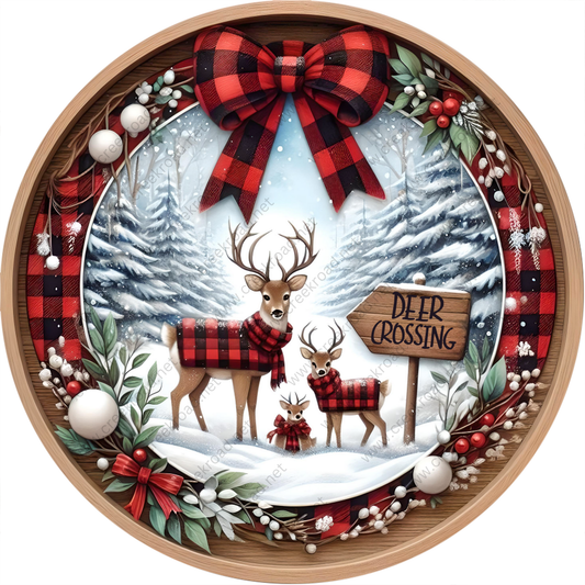 A wreath with a deer crossing sign, featuring a deer, two smaller deer, and a snowy forest backdrop.