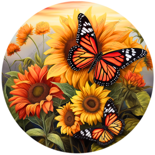 A vibrant digital illustration depicting a butterfly and a cluster of sunflowers against a warm, golden sunset sky.