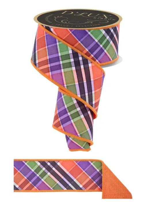 a plaid ribbon with a vibrant mix of orange, purple, green, and black colors. The ribbon is displayed in two different ways: one is a full-length roll, and the other is a smaller rectangular piece.