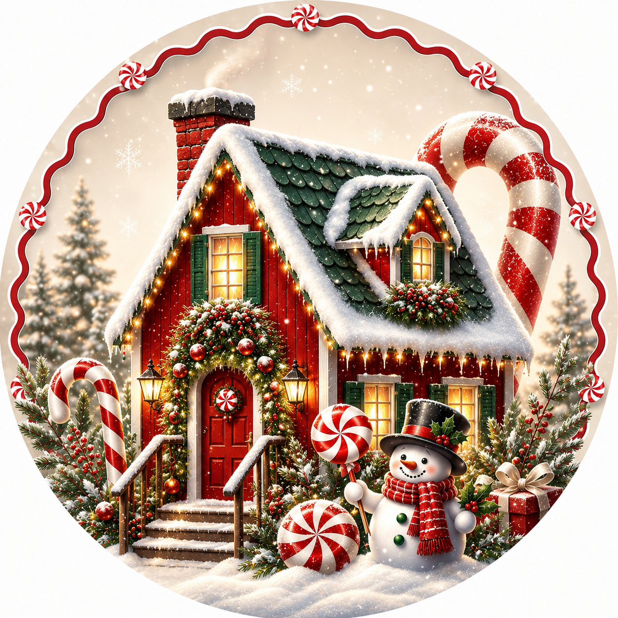 A beautifully decorated Christmas house with a snowman and candy canes, surrounded by trees and snow, creating a festive winter scene.
