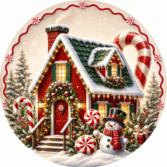 A beautifully decorated Christmas house with a snowman and candy canes, surrounded by trees and snow, creating a festive winter scene.