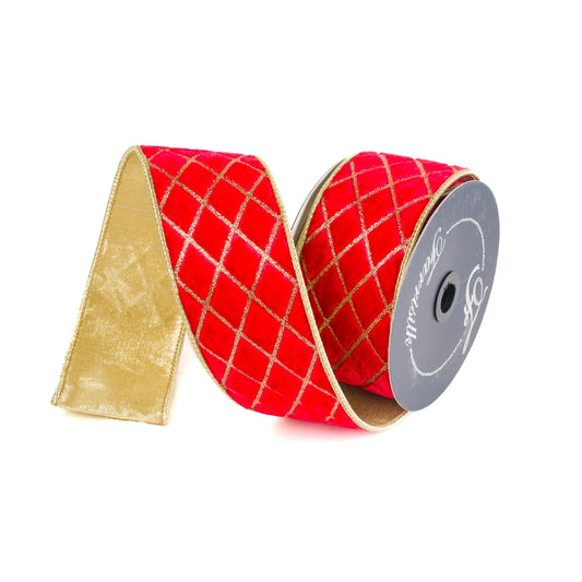 A roll of red and gold checkered ribbon is shown against a white background.