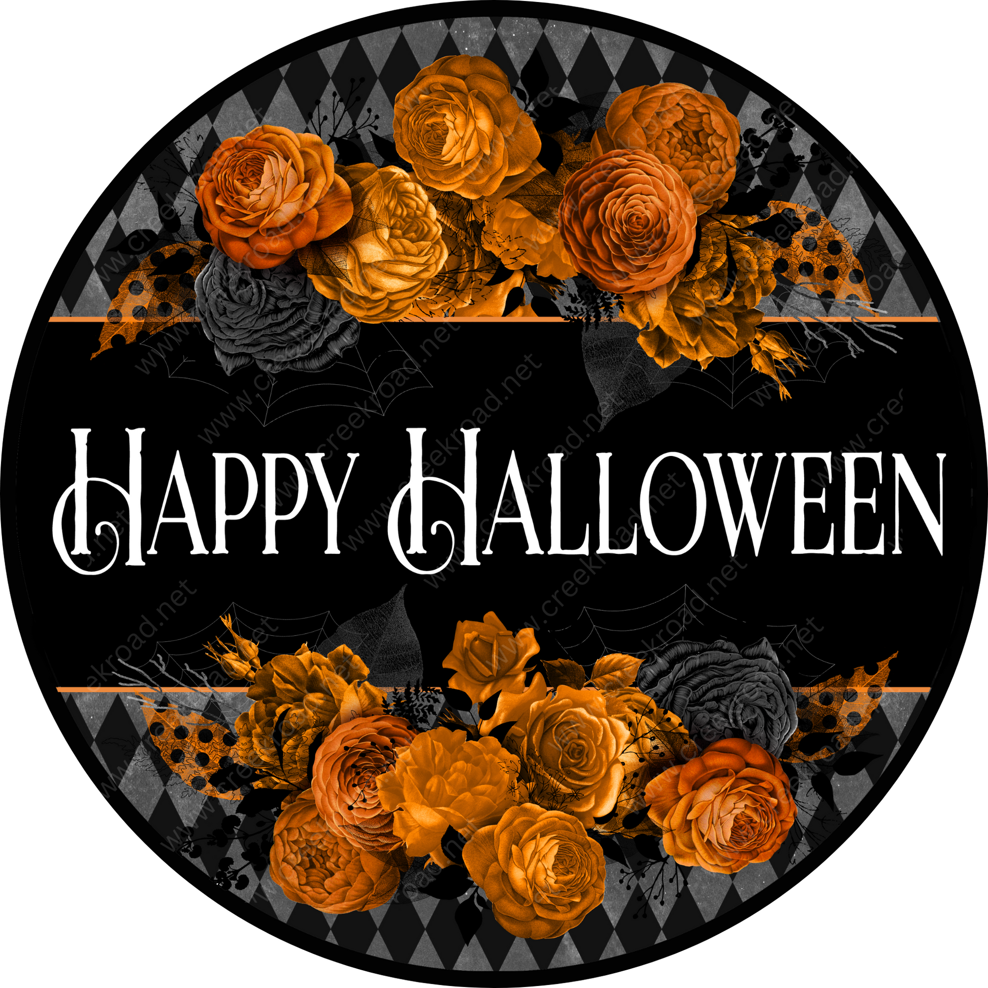 a happy halloween sign with orange roses