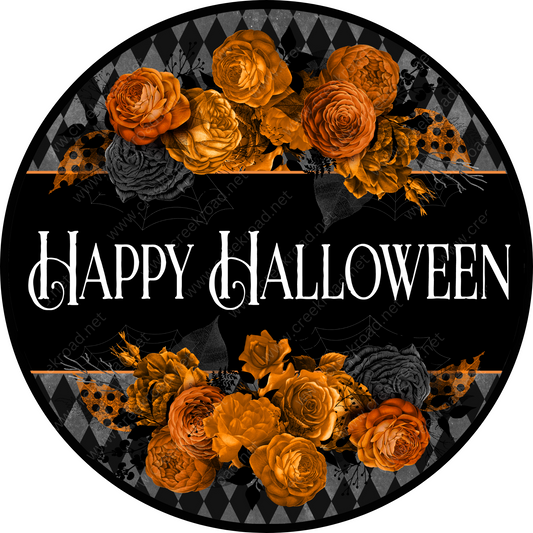 a happy halloween sign with orange roses