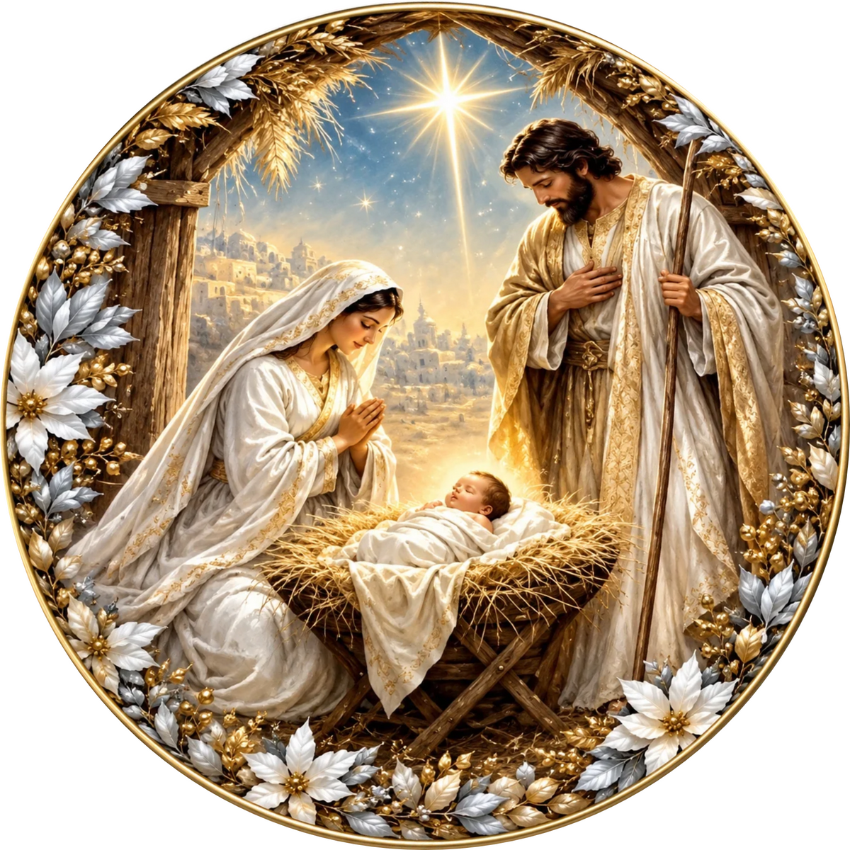 a nativity scene with a baby in a manger, a woman kneeling, and a man standing, all dressed in traditional religious attire. The scene is framed by a decorative border with gold and white floral elements.