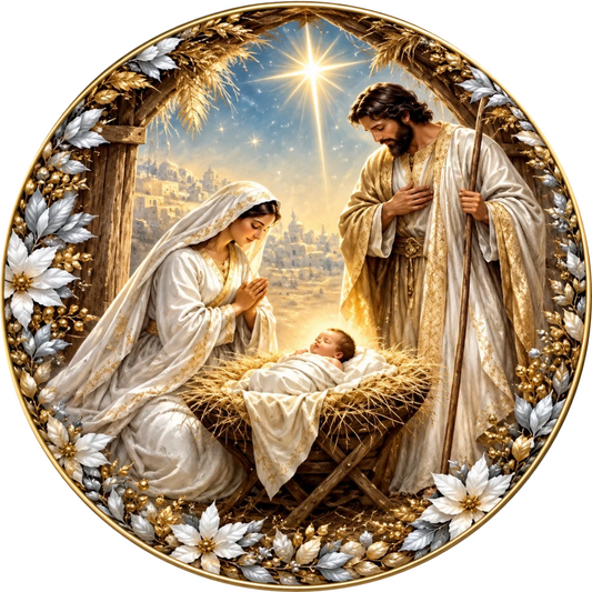 a nativity scene with a baby in a manger, a woman kneeling, and a man standing, all dressed in traditional religious attire. The scene is framed by a decorative border with gold and white floral elements.