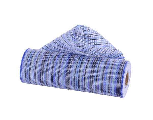 A roll of blue and white striped mesh material.