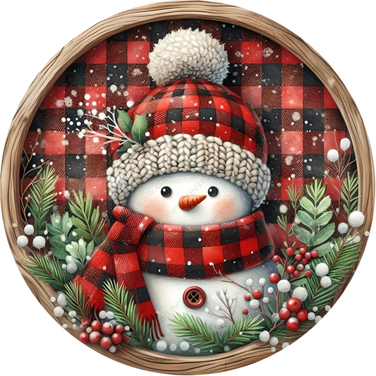 a painting of a snowman wearing a red plaid hat and scarf