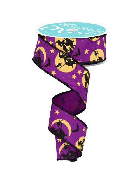 a purple and yellow halloween ribbon with bats and stars on it