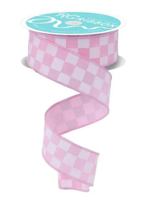 A pink and white checkered ribbon with a turquoise label.