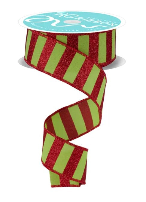 A spiral-shaped ribbon with alternating green and red stripes.