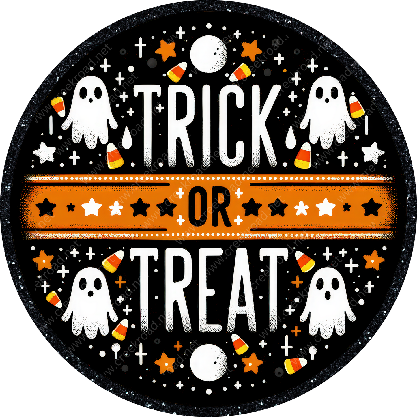 a trick or treat sign with ghost and pumpkins