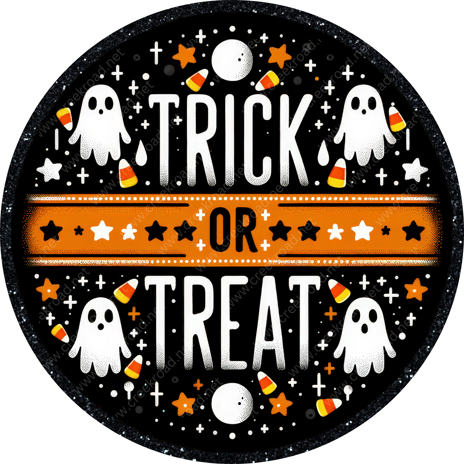 a trick or treat sign with ghost and pumpkins