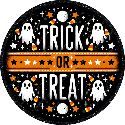 a trick or treat sign with ghost and pumpkins