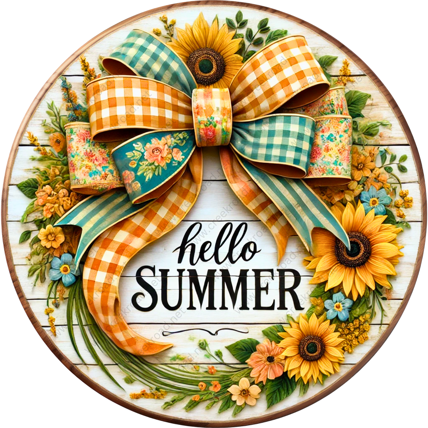 a wooden sign with a bow and sunflowers on it