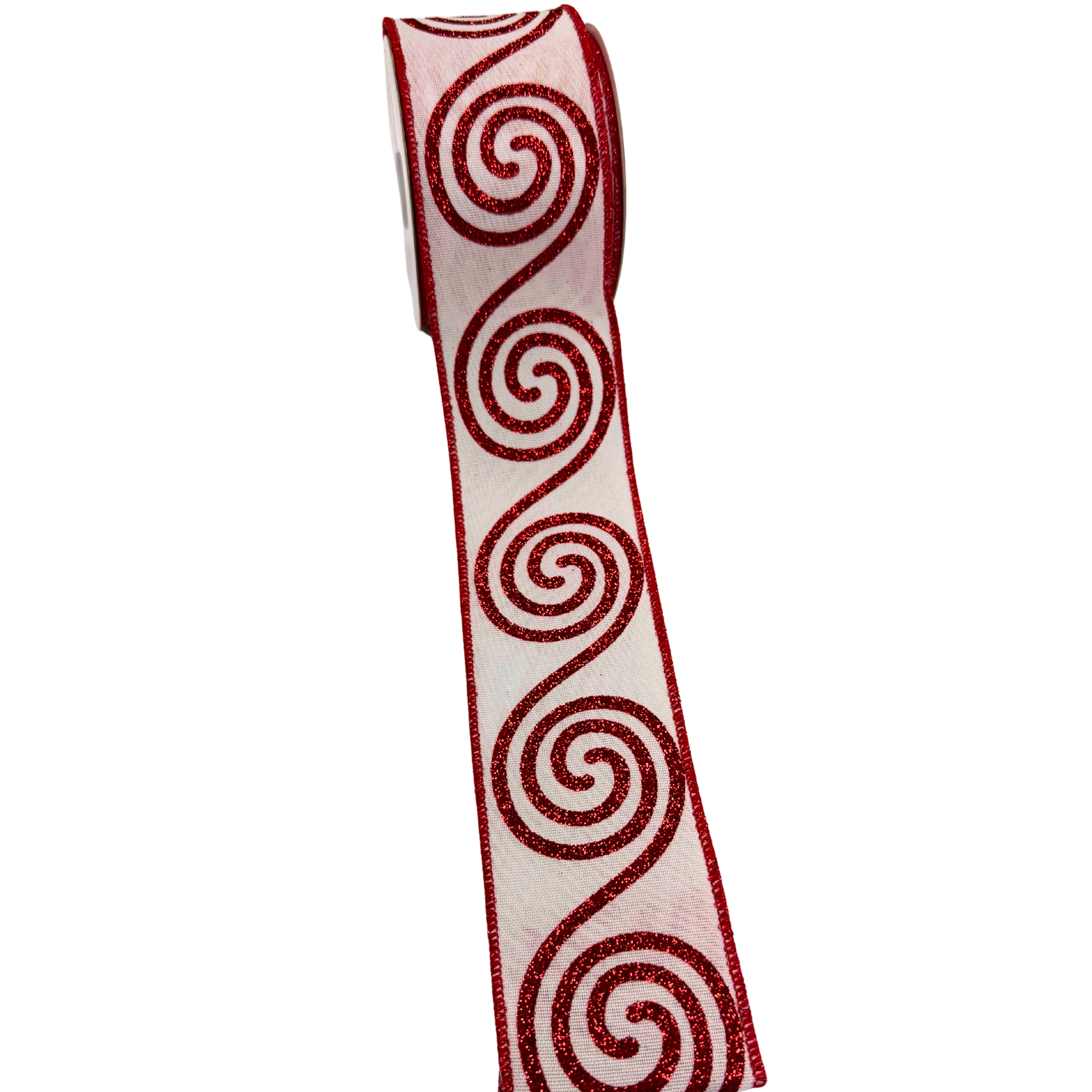 A roll of red and white spiral-patterned ribbon.