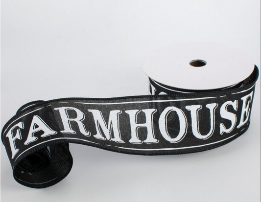 a black and white ribbon with the word farmhouse on it