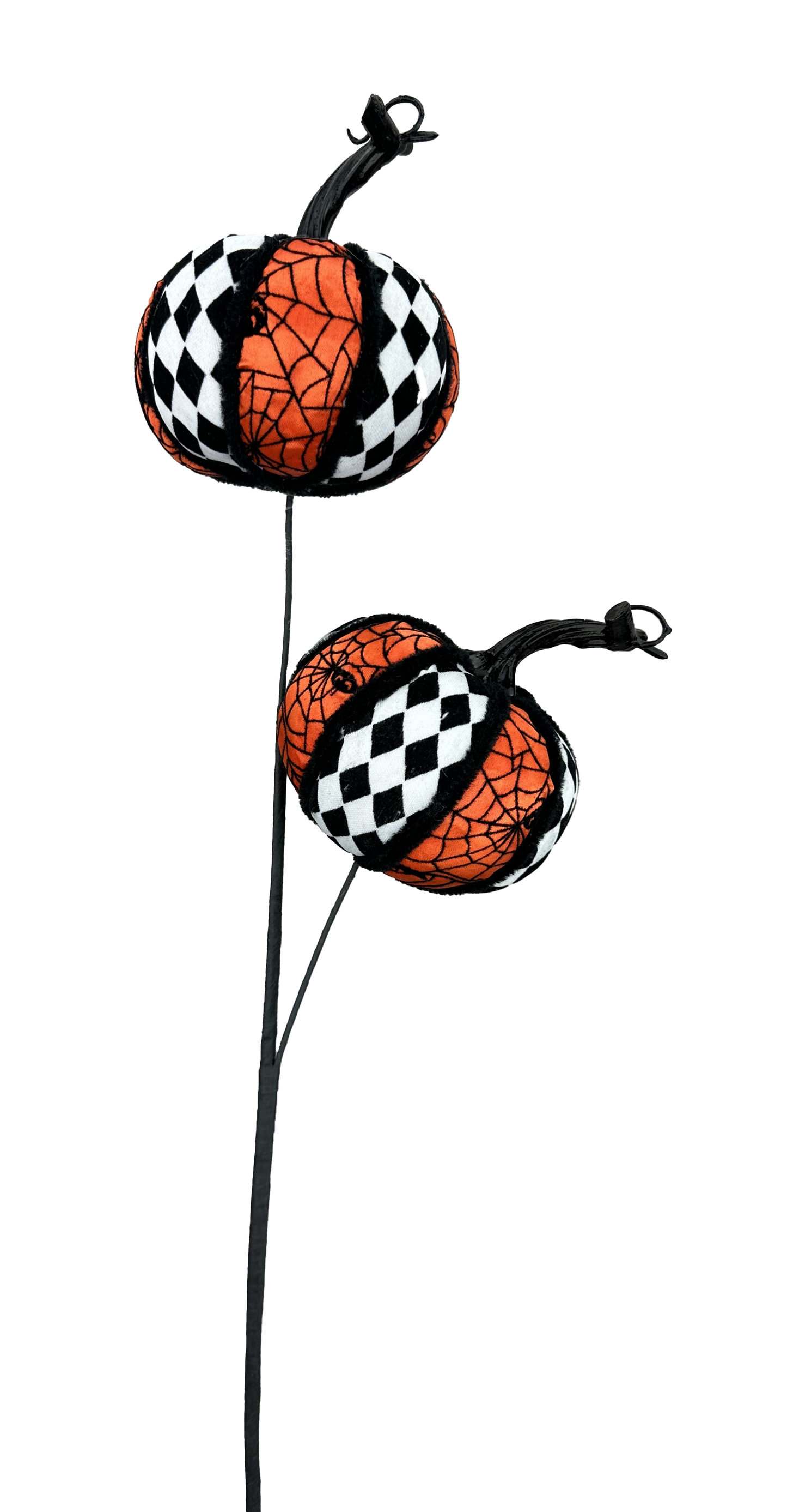 two decorative pumpkins with a black and white checkered pattern, hanging from a black pole.