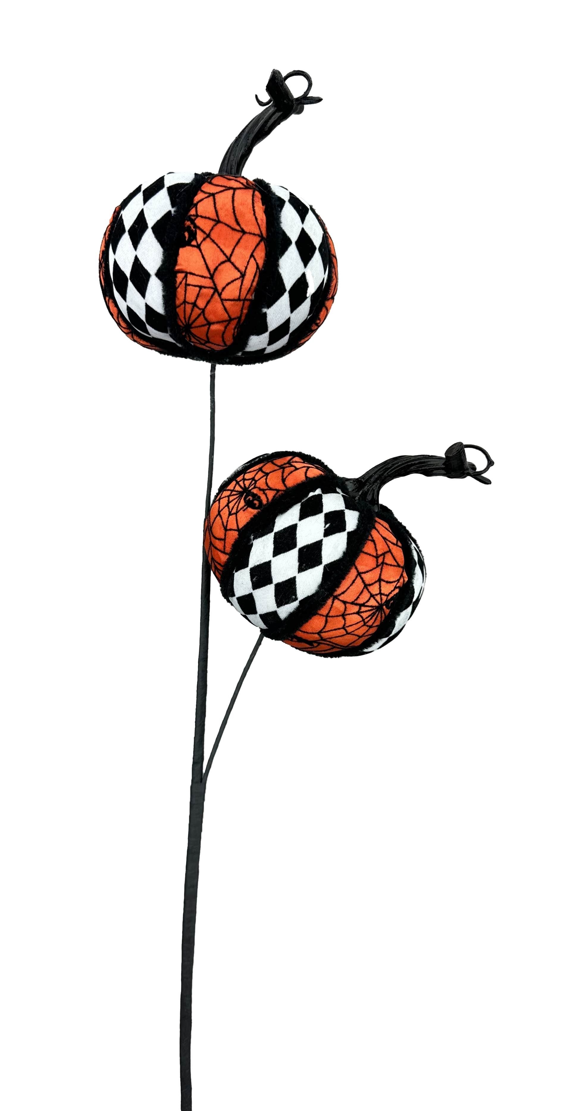 two decorative pumpkins with a black and white checkered pattern, hanging from a black pole.