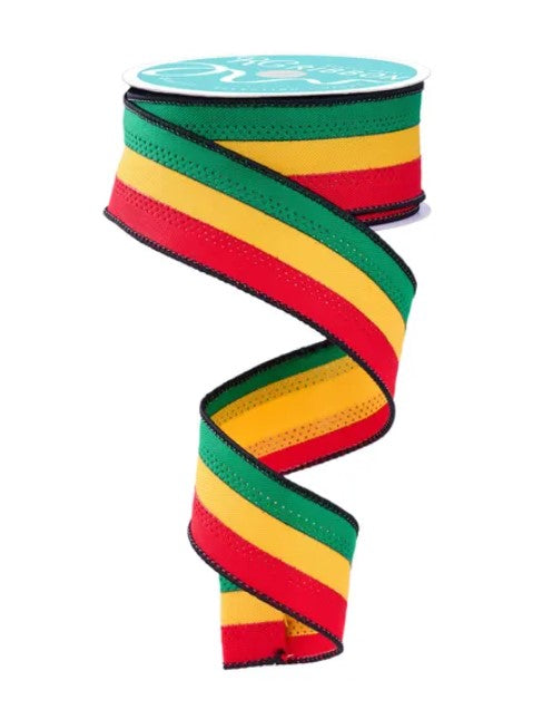 A colorful, spiral-shaped ribbon with red, green, and yellow stripes.