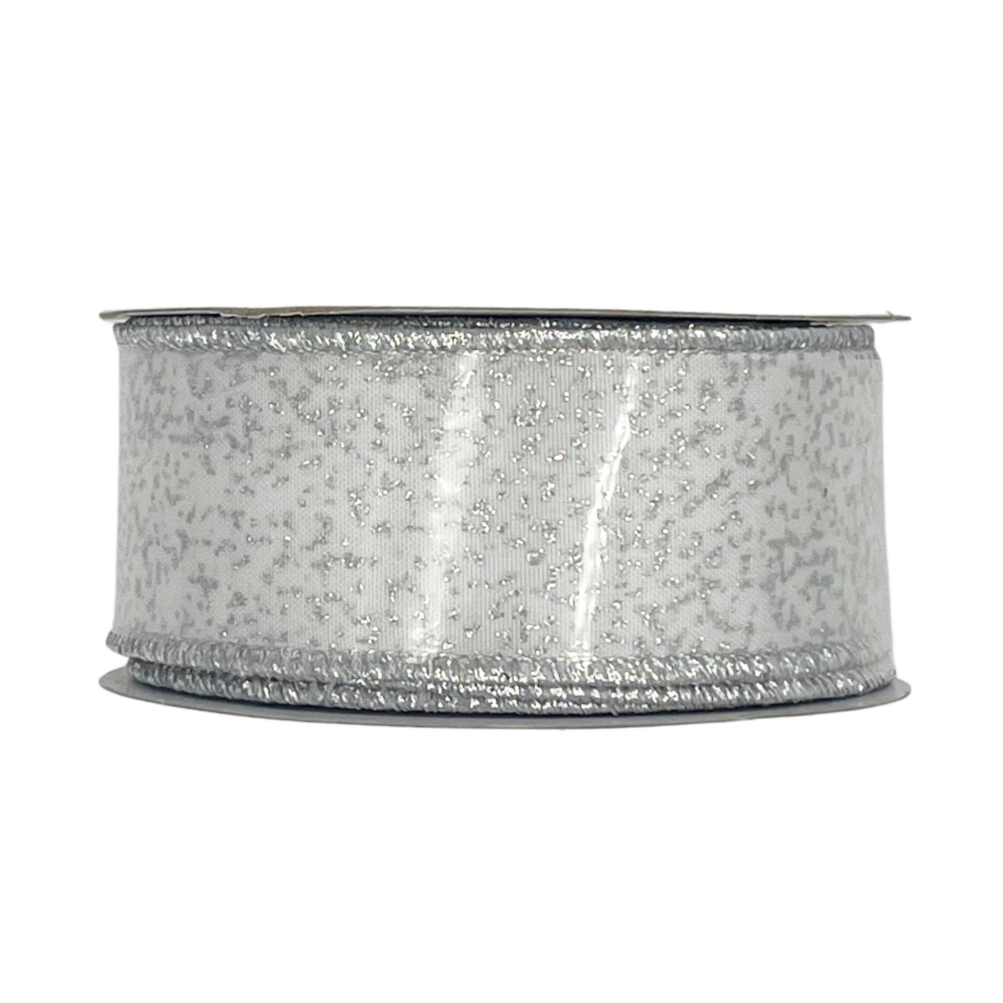 A silver-colored ribbon with a textured surface, sitting on a white background.