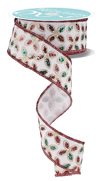 A decorative ribbon with a floral pattern in shades of green, red, and white.
