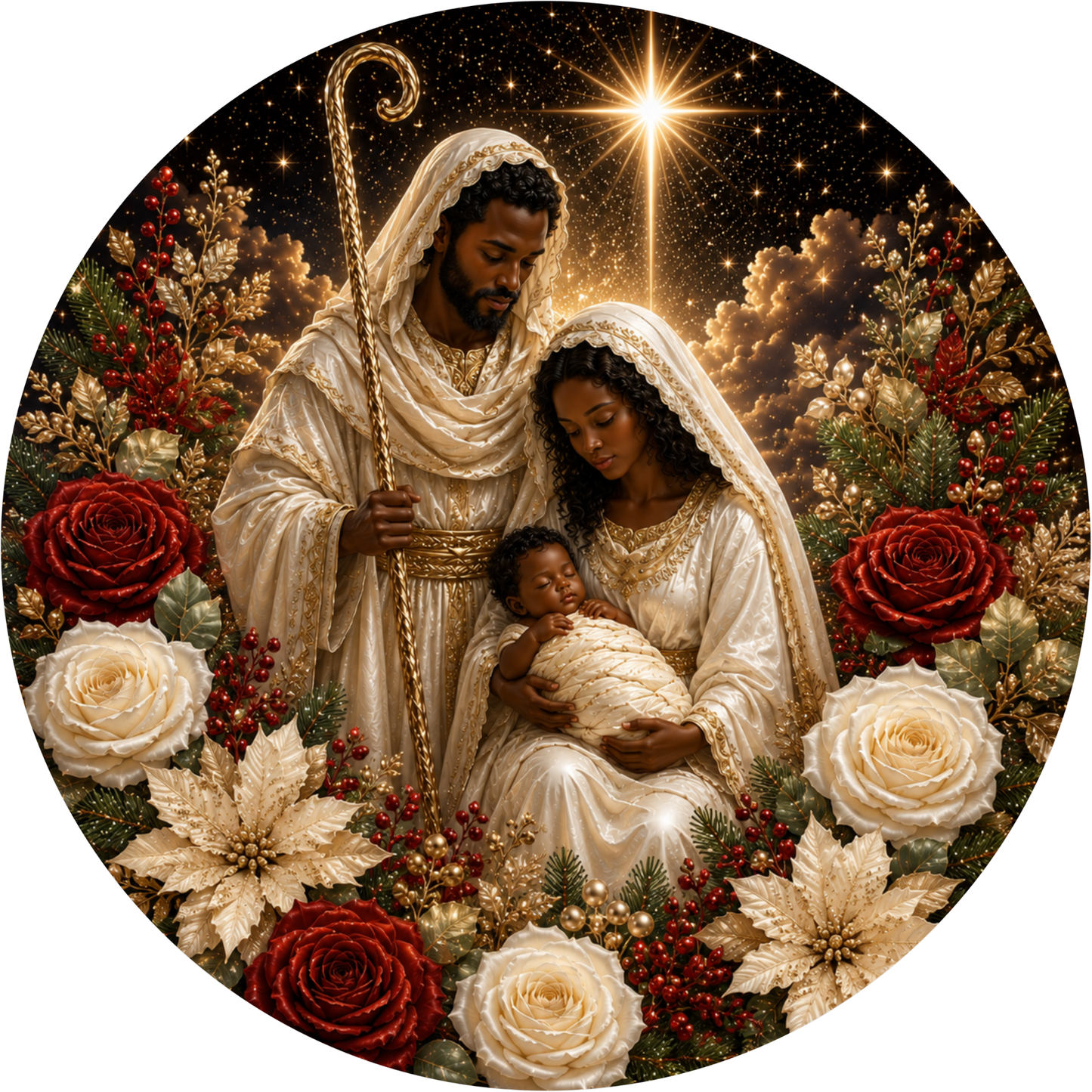 a religious scene with a man, a woman, and a baby, all dressed in traditional religious attire, surrounded by a wreath of flowers and a starry night sky.