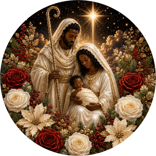 a religious scene with a man, a woman, and a baby, all dressed in traditional religious attire, surrounded by a wreath of flowers and a starry night sky.