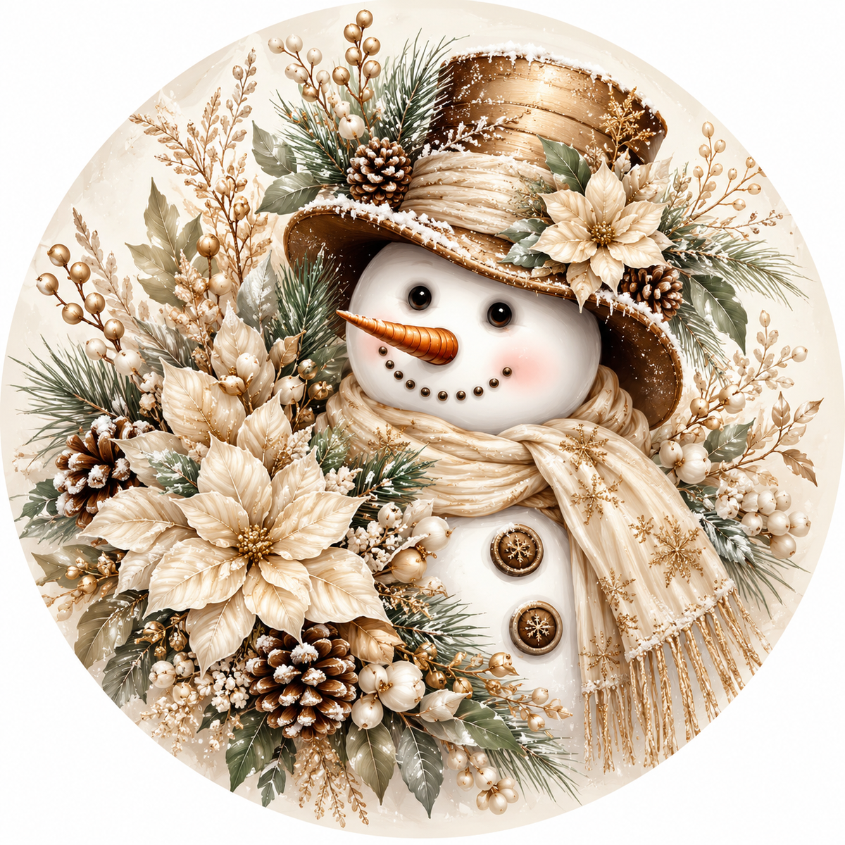 A snowman wearing a hat and scarf, surrounded by a wreath of flowers and pine cones, with a large poinsettia flower on its head.