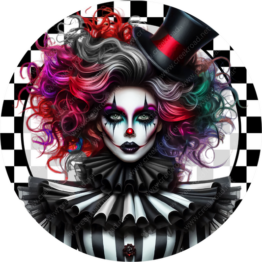 a clown with colorful hair and a top hat