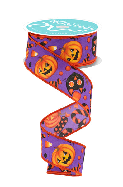 1.5" X 10Yd Wired Ribbon-Pumpkin/Cat/Candy-Purple/Multi-RGF130823