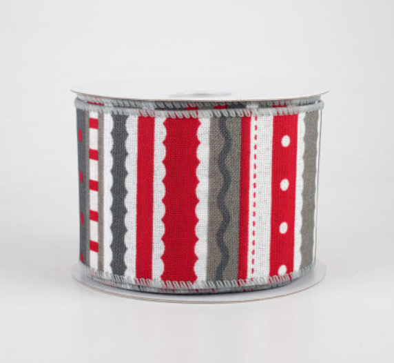 a red and grey striped ribbon on a white background